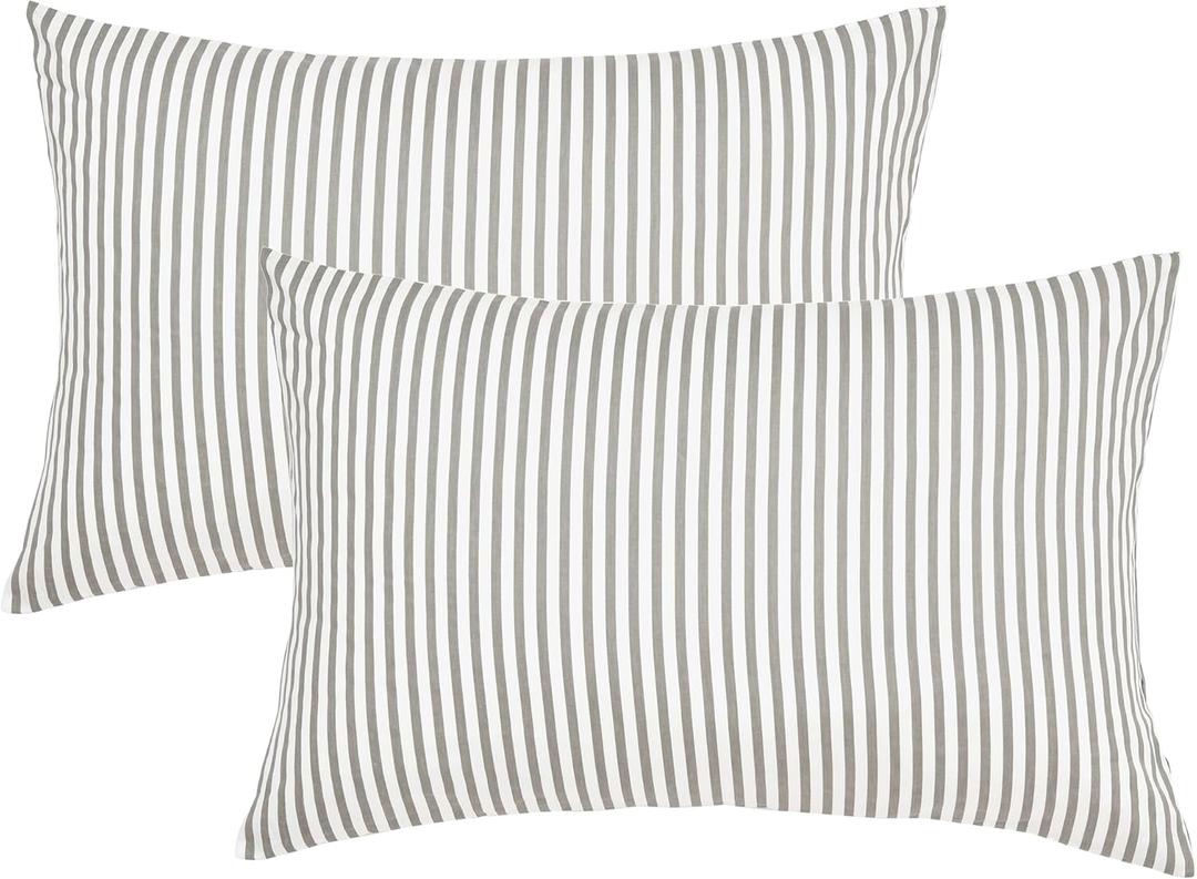 JELLYMONI 100% Natural Cotton Striped Pillowcases Set, 2 Pack White and Grey Vertical Stripes Pattern Printed Pillow Covers with Envelope Closure(Pillows are not Included)-King (20"x40") (8001)