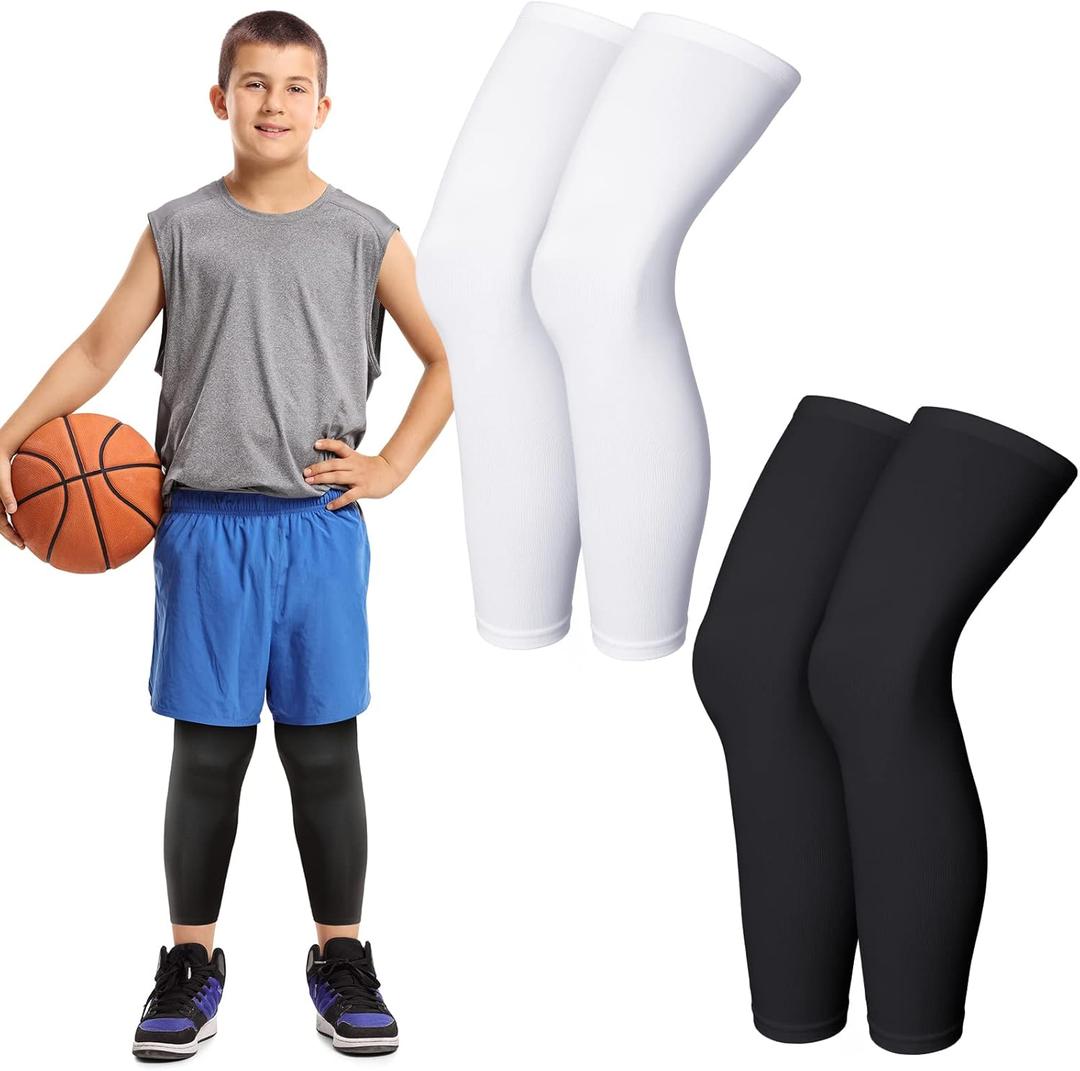 4 Pieces Kids Long Compression Leg Sleeve Full Length UV Protection for Boy Girl Youth Cycling Basketball Sports (Black, S/M)