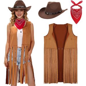 Ultrafun Western Outfit for Women Cowgirl Tassel Sleeveless Vest Cowboy Hat Paisley Bandana Halloween Costumes (Medium, Brown)