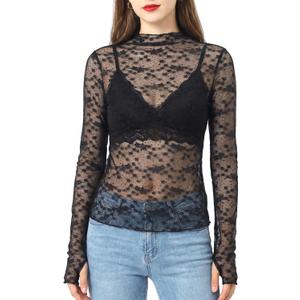 Women's Lace Tops Mesh Sheer Long Sleeve See Through Undershirt (Black, S)