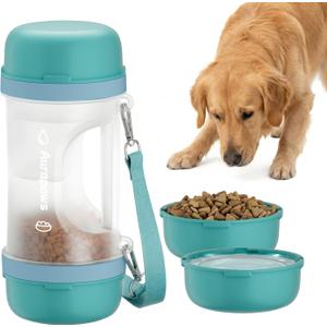 Dog Water Bottle with 33.5oz Water & 13.5oz Food Dispenser, 2 Detachable Bowls with Shoulder Strap, Leakproof Portable Travel Water Bottle for Pets Outdoor Walking, Hiking, Camping, Large