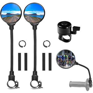Bike Mirror With Bike Bell 360 Adjustable HD Convex Handlebar Mirror Anti-Scratch Glass Riding Mirrors (2* Mirror + 1* Bell)