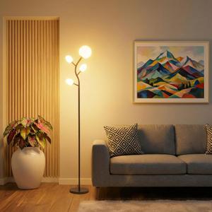 Fiqevs 4 Globe Floor Lamp with 2700K Warm Light LED Bulbs Included, Mid Century Modern Tree Standing Lamp with Frosted Glass Shade, Arc Torch Tall Lamp for Living Room, Bedroom, Office, Matt Black