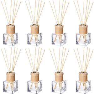 Roshtia 8 Set Reed Diffuser Bottle Empty Refillable Fragrance Glass Diffuser Bottles with Wooden Caps Rattan Sticks 50ml 1.7 oz Glass Jars for DIY Fragrance
