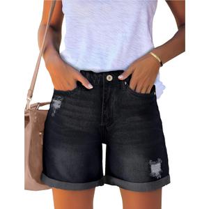 luvamia Women's Casual Ripped Denim Shorts High Rise Distressed Rolled Hem Jeans Shorts (Black, XL)