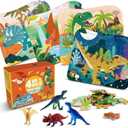 Wooden Dinosaur Puzzles for Kids Ages 4-6, 4 in 1 Gift Box 4-Pack 20-Piece Jigsaw Puzzles Come with 4 Small Dino Figures,Preschool Educational Toys Gifts for Kids Boys Girls Ages 3+