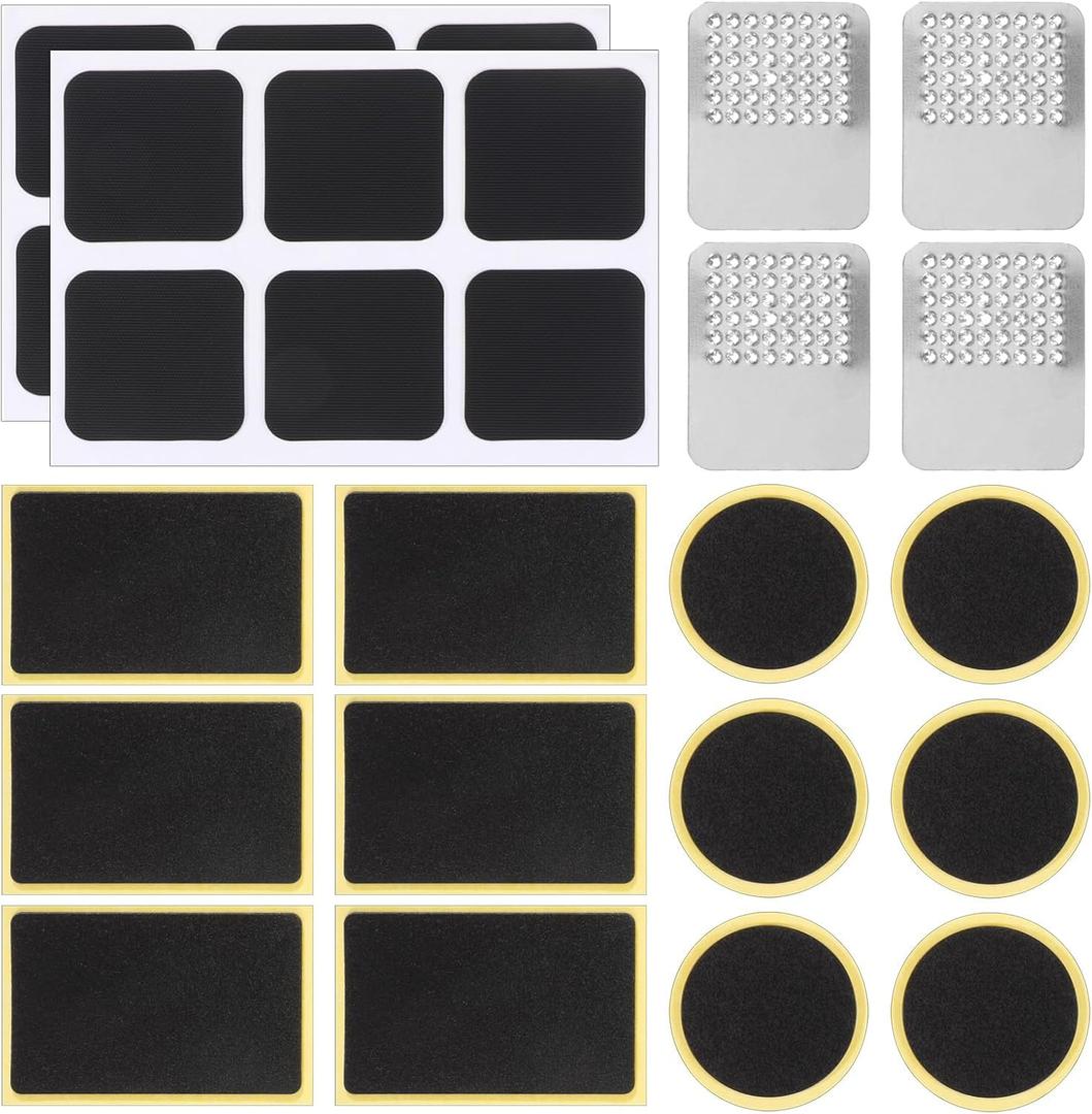 40 Pcs Bicycle Tire Repair Kit Glueless Bike Tube Patche Includes 36Pcs Self Adhesive Round Square Rectangle Patches and 4Pcs Metal Rasps with Box for Road Mountain Bikes Cycling