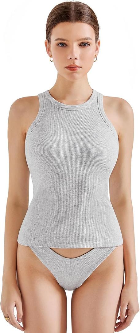 SUUKSESS Women Padded Cotton Ribbed Tank Tops 2025 High Neck Racerback Basic Tops (Large, Light Grey)