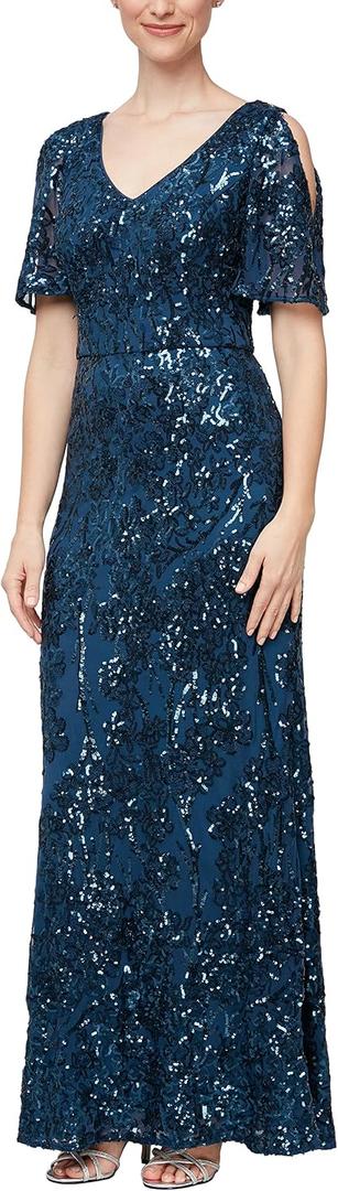 Alex Evenings Women's Long Mother of The Bride Sequin Dress with Cold Shoulder Flutter Sleeves (14 Petite and Regular Sizes)
