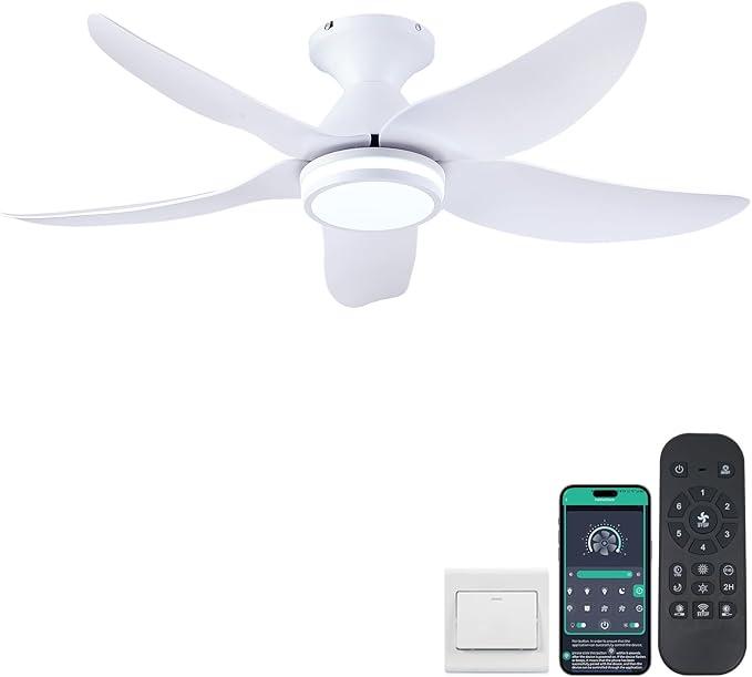 Kviflon 46" Ceiling Fans with Lights and Remote/APP Control, Modern 2 Downrods Ceiling Fans with 5 Reversible Blades, 3 CCT Dimmable+RGB Colors+Music Player for Party Kids Game Room, White
