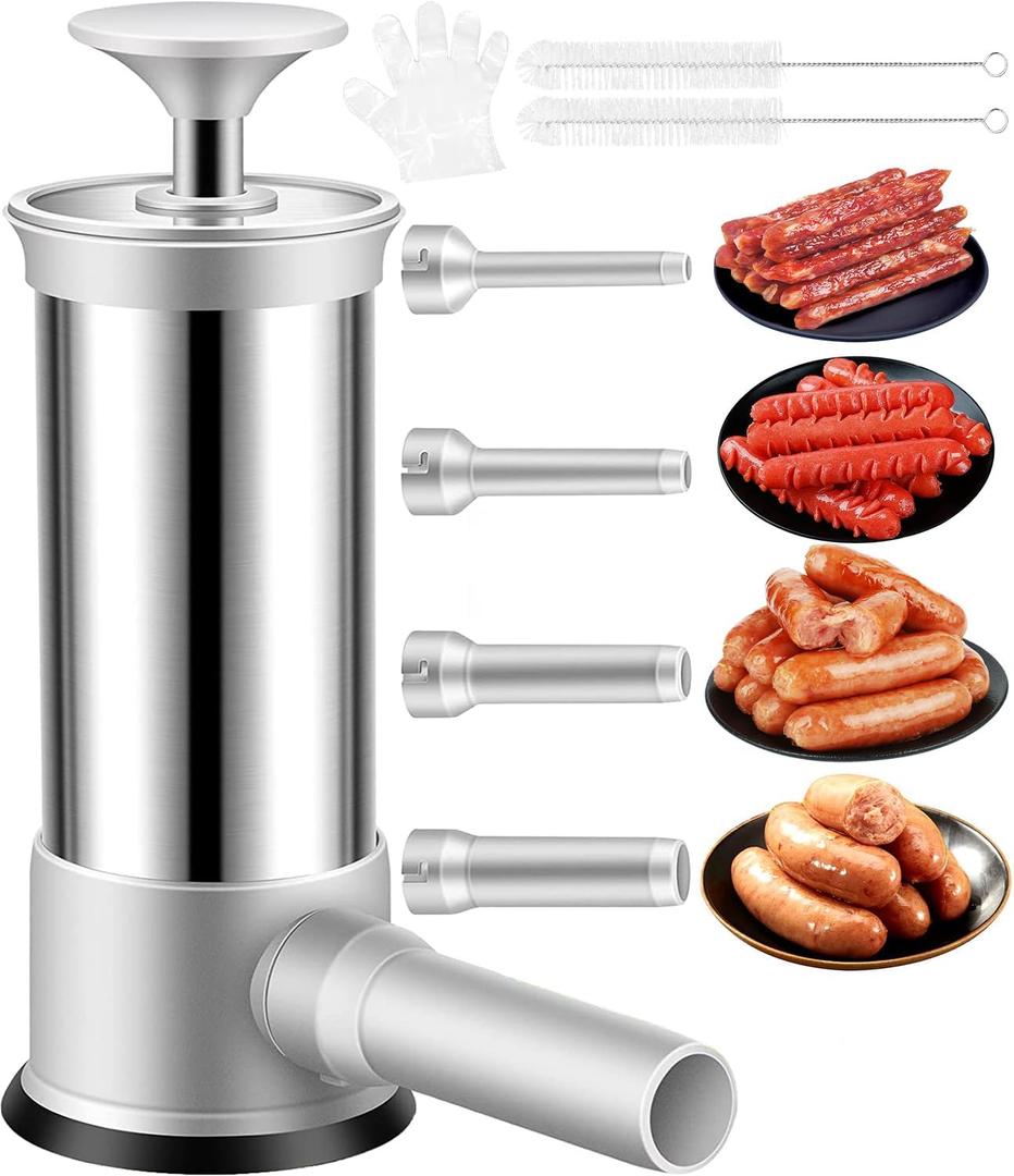 Manual Sausage Stuffer Machine with 4 Stuffing Tubes, 2.2 LBS Vertical Sausage Maker Kit, Food-Grade Stainless Steel Meat Stuffer for Homemade Sausages, Easy to Use, Kitchen Tool for Home Cooking