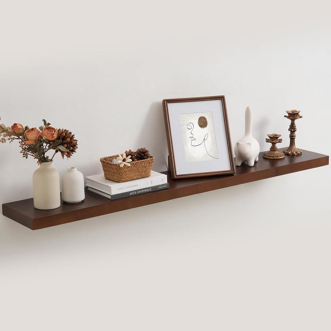 48 Inch Floating Shelf for Fireplace Mantel - 8 Inch Deep Rustic Solid Pine Wood Wall Shelf - Farmhouse Style Shelf with Heavy-Duty Metal Brackets - 48"W x 8"D - American Walnut, Set of 1