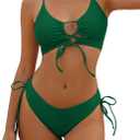 ZAFUL Women's Cheeky Bikini Set 2 Piece Sexy String High Cut Swimsuits Lace Up Tie Side Bathing Suits 2025 (XX-Large, Deep Green)