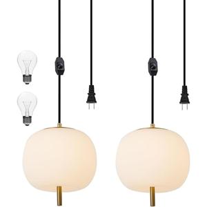 Mid Century Modern Pendant Light Fixture, Milk Glass 7 Globe Hanging Light with Dimmable Switch and Plug in for Kitchen Island Dining Room Bedroom Living Room, 2 Pack, 16ft Bulb Included (Brass)