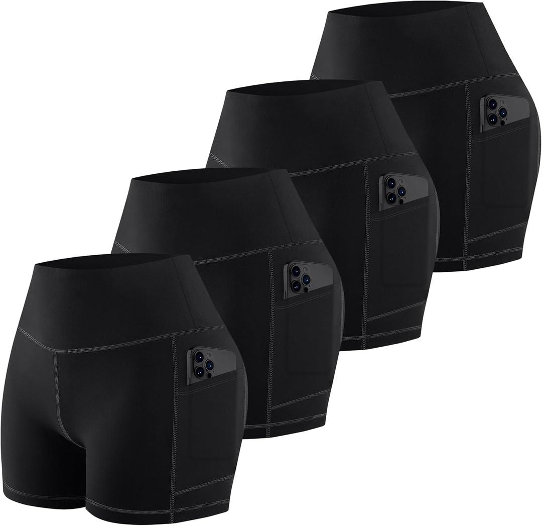 MIRITY High Waist Workout Biker Shorts with Pockets for Women - Buttery Soft Workout Yoga Shorts Pack of 4 (Medium, Black+black+black+black)
