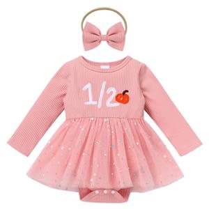 IMEKIS Halfway to One Baby Girl: Fall Half Birthday Outfit 6 Months Cake Smash Photoshoot Infant Thanksgiving Dress Romper Long Sleeve Tulle Tutu Autumn Party Pink Pumpkin 1/2 3-6 Months