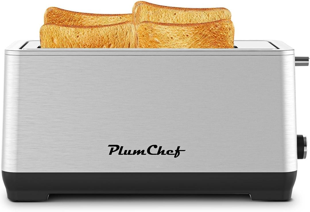 Plum chef 4-Slice Toaster, Extra Wide Long SIot Toaster, 6 Browning Settings, Bagel/Defrost/Reheat Functions, Removable Crumb Tray, Stainless Steel Housing 135oW (Stainless Steel)