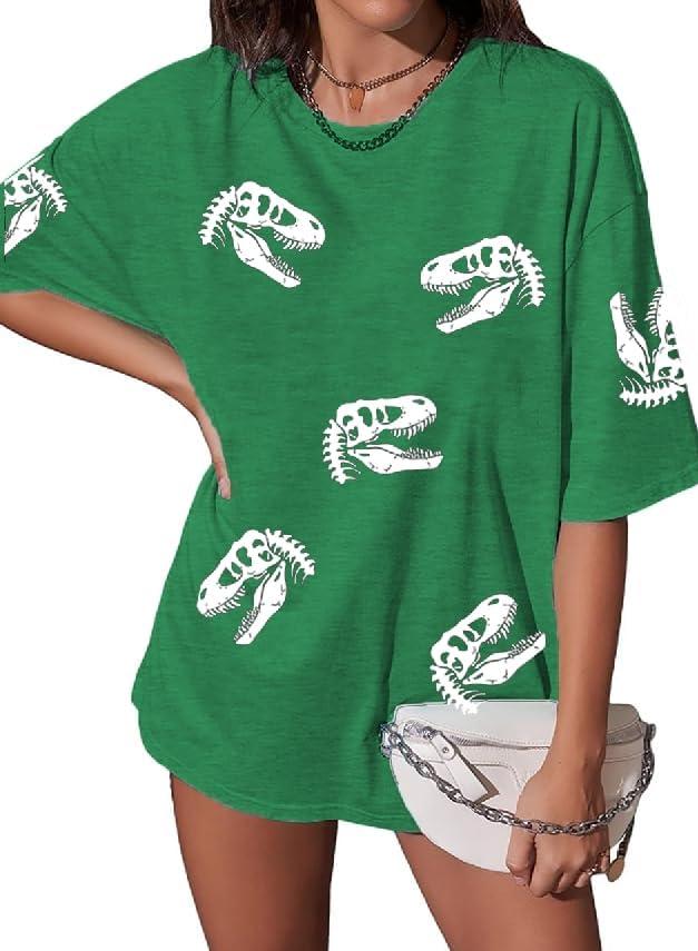 Dinosaur Shirt Women Oversized Cute Dinosaur Graphic Tees Funny Dinosaur Movie Shirts Casual Holiday Short Sleeve Tops (Medium, Green)