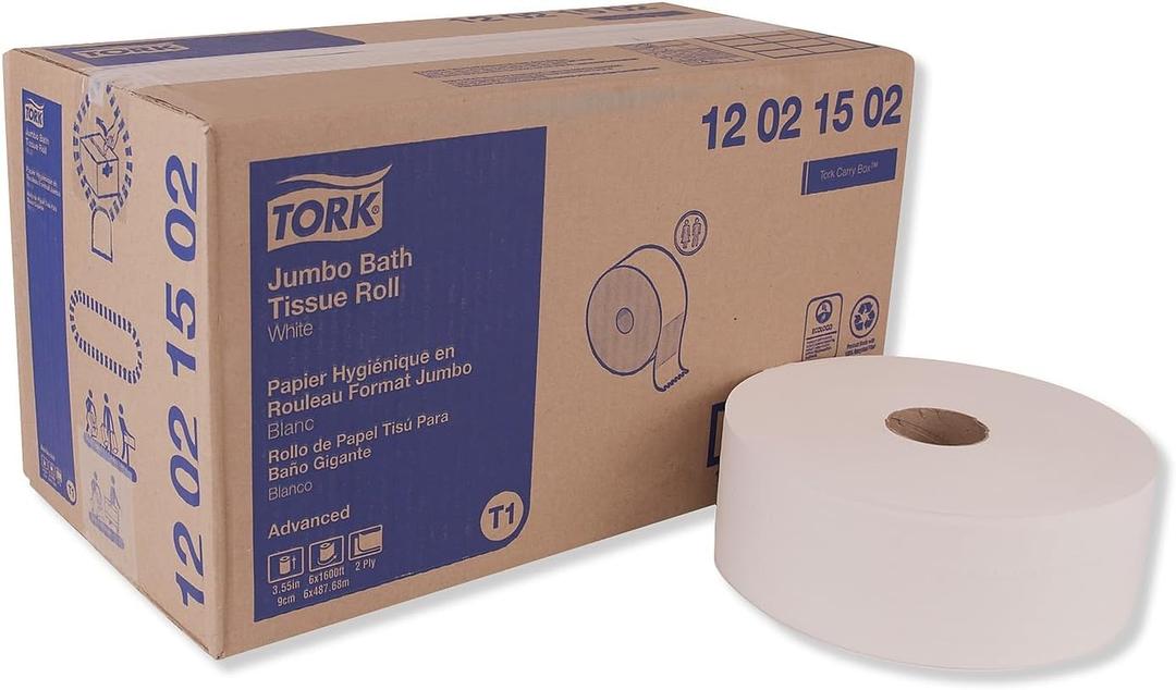 Tork 12021502 Advanced Jumbo Roll 2-Ply Toilet Tissue, White
