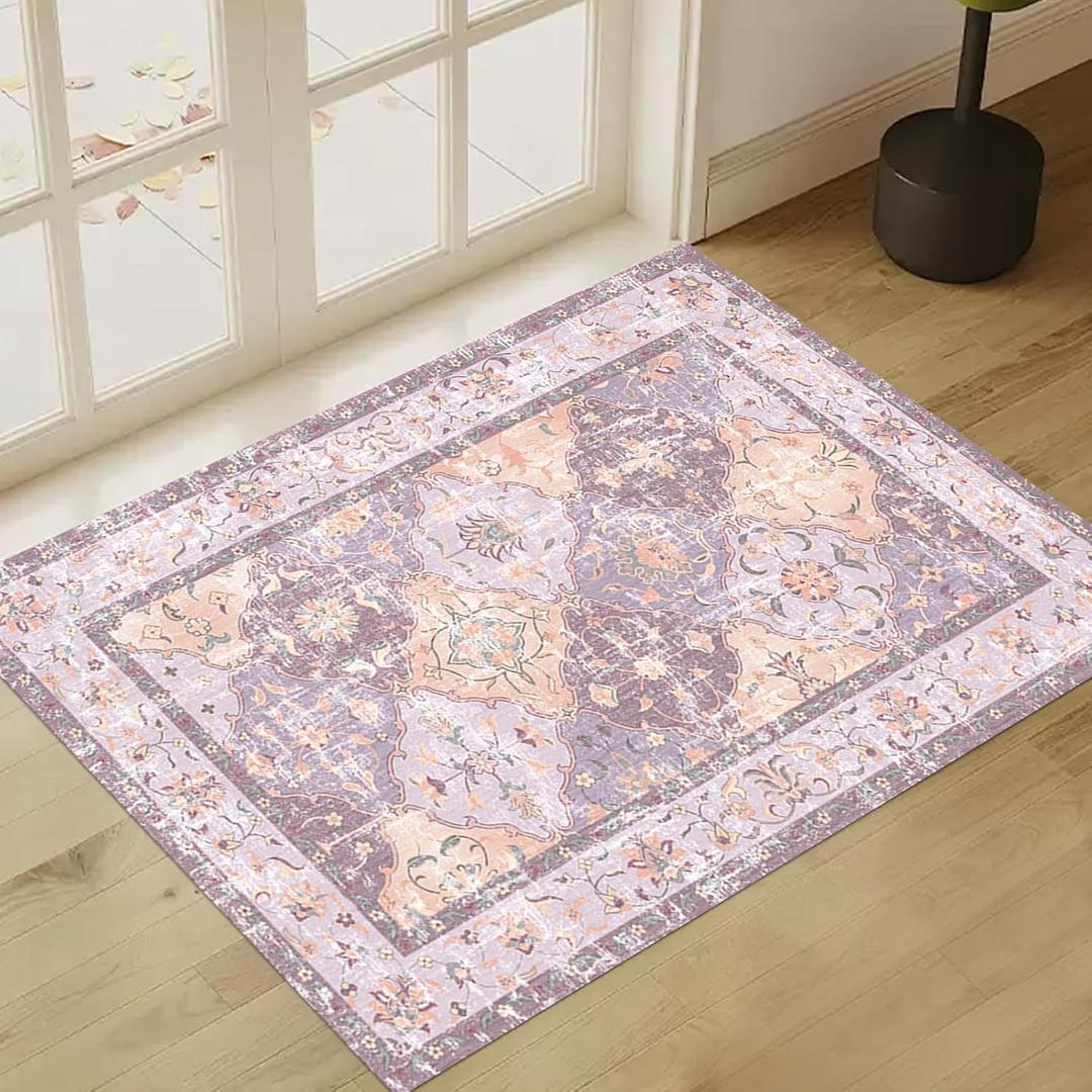 Washable Boho Vintage Area Rugs 23 Non-Slip Traditional Mauve Purple Area Rug Doormat for Bathroom Kitchen Entryway