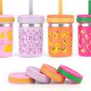 Sursip Toddler Stainless Steel Cups with Lids and Straws, Spill Resistant Sippy Cups Kids Tumbler with Silicone Straws for Smoothie, Drinking, Snacks, BPA-Free, Dishwasher Safe - 15 oz (4 Packs)