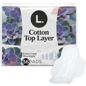 L. Extra Long Maxi Pads for Women, Overnight Absorbency, Organic Cotton Top Layer, Unscented Pads with Wings, 28 Count x 2 Packs (56 Count Total) (Packaging May Vary)