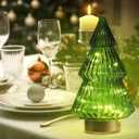 Glass Christmas Tree Light with Timer, Battery Operated Green Lit Xmas Tree Figurine, Lighted Mercury Glass Decor Cordless Cone Crystal Figurine Tabletop Lamp, Light Up rbol de Navidad with Lights