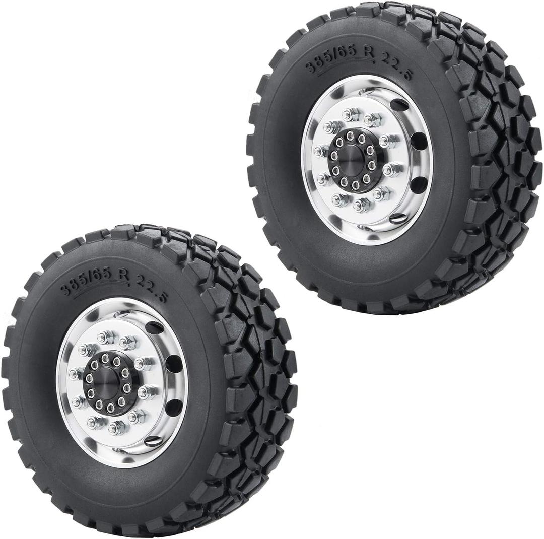Que-T Metal Front Wheel Rims Hubs & Rubber Tires for 1/14 RC Tamiya Tractor Climbing Trailer Car, Pack of 2