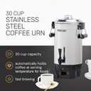30 Cup Coffee Urn - Quick-Brewing Stainless Steel Double-Faucet - Perfect For Espresso, Hot Water, Tea, Hot Chocolate - Stainless Steel