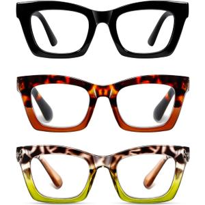 Hubeye Square Reading Glasses for Women Men Blue Light Blocking Computer Fashion Style Readers with Spring Hinge (Black+Leopard+Green Leopard)
