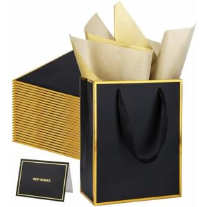 UoeRing 25 Pack Thank You Gift Bags with Handles 9.5x7.5x3.75 inch Gift Bags Medium Size Gift Bag with Tissue Paper and Card for Wedding Birthday Bridesmaid Holidays Mother's Day (Black Gold)