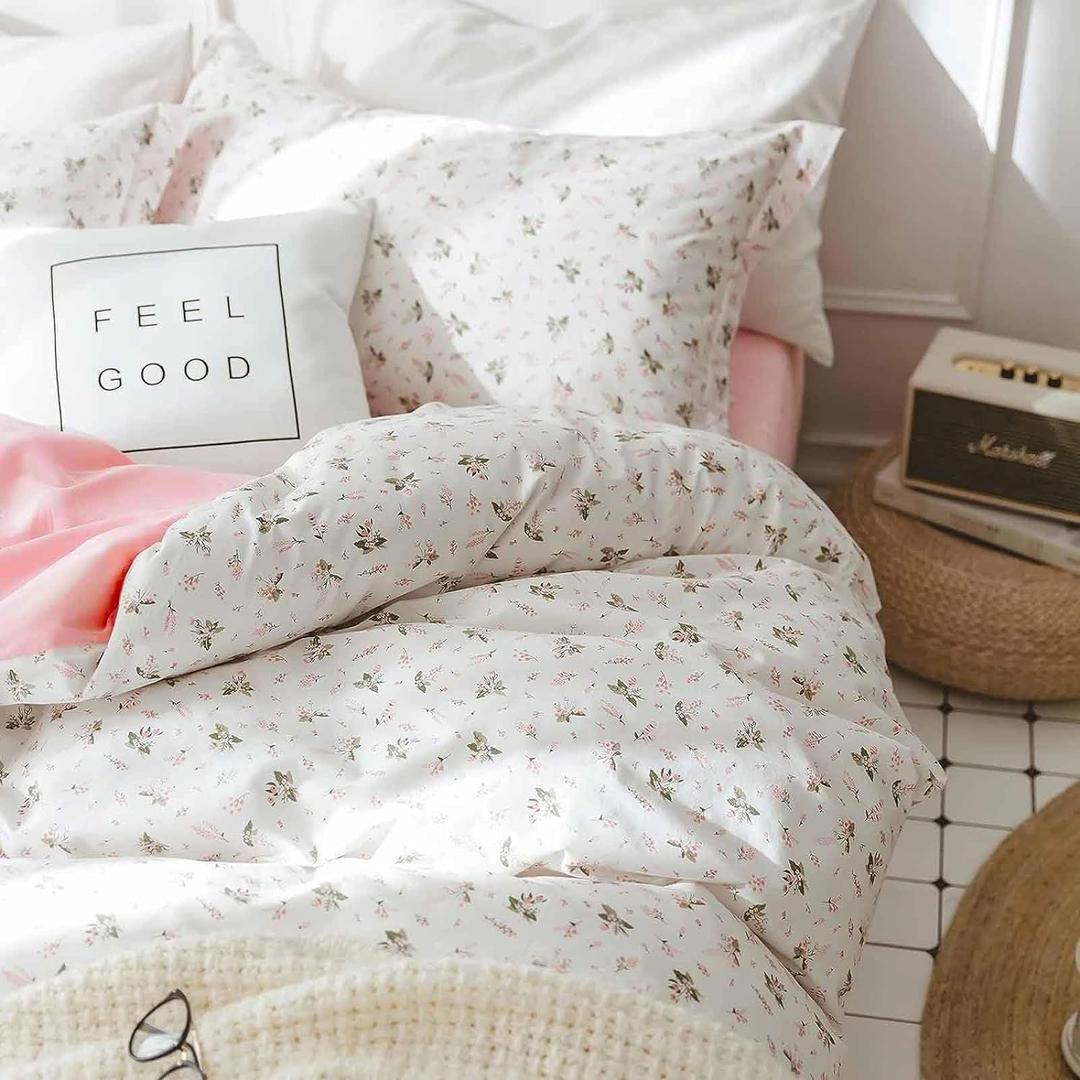 Pink and White Duvet Cover Queen Size - 3 Pcs Floral Flower Leaf Pattern Printed Reversible Microfiber Comforter Cover Bedding Set - 90X90 Soft Aesthetic Cottage Preppy Bedroom Decor for Women Men