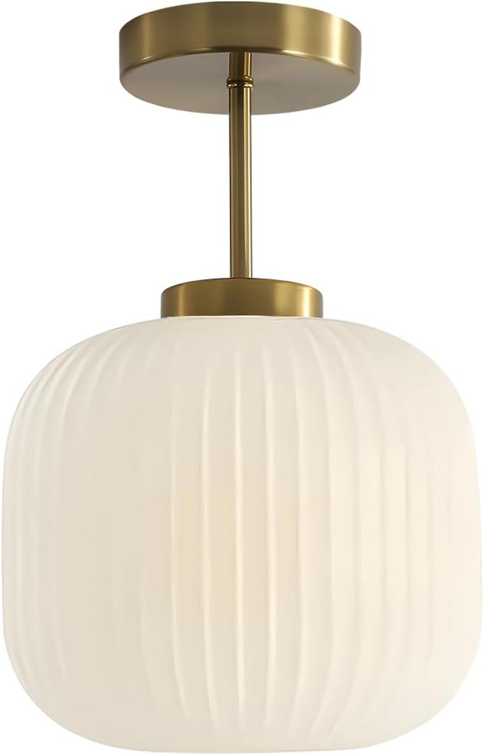 KCO Lighting Ribbed Milk Glass Flush Mount Light Gold and White Ceiling Lights Brass Kitchen Lighting Fixtures Small Globe Semi Flush Mount Ceiling Light for Hallway Stairway
