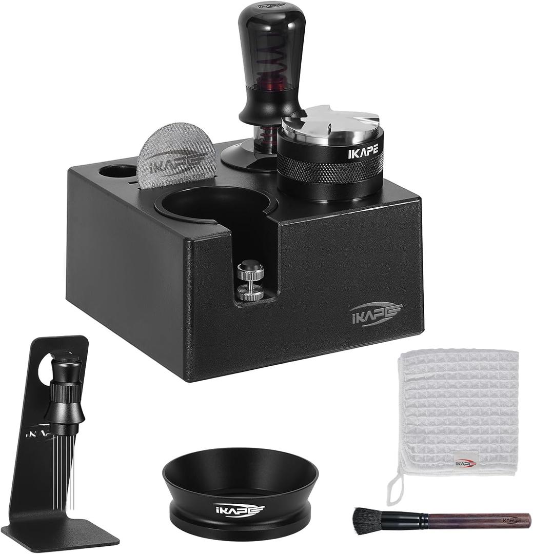 IKAPE 58MM Black Espresso Tool Set 8 IN 1, Coffee Tamper, Distributor, Magnetic Funnel, Puck Screen, Tamper Station, Stirrer Distribution Tool, Cleaning Towel and Brush