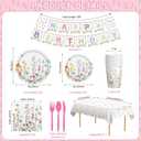 170 Pcs Spring Flower Birthday Party Decorations Sets, Includes Happy Birthday Banner, Floral Plates, Napkins, Cups, Plastic Silverware, Tablecloth for Wildflower Bday Party Supplies Decor, Serve 24