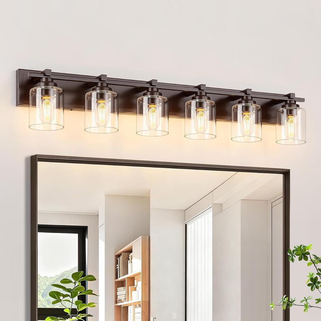 6 Light Modern Bathroom Light Fixtures Over Mirror, Bronze Finish Vanity Lights for Bathroom Wall Sconces with Clear Glass Shades, E26 Socket (Bulbs Not Included)
