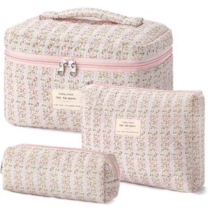 HBselect Quilted Makeup Bag, 3PCS Cotton Large Travel Makeup Bag, Cute Floral Coquette Make up Bag Cosmetic Bag Toiletry Bag for Women Girls