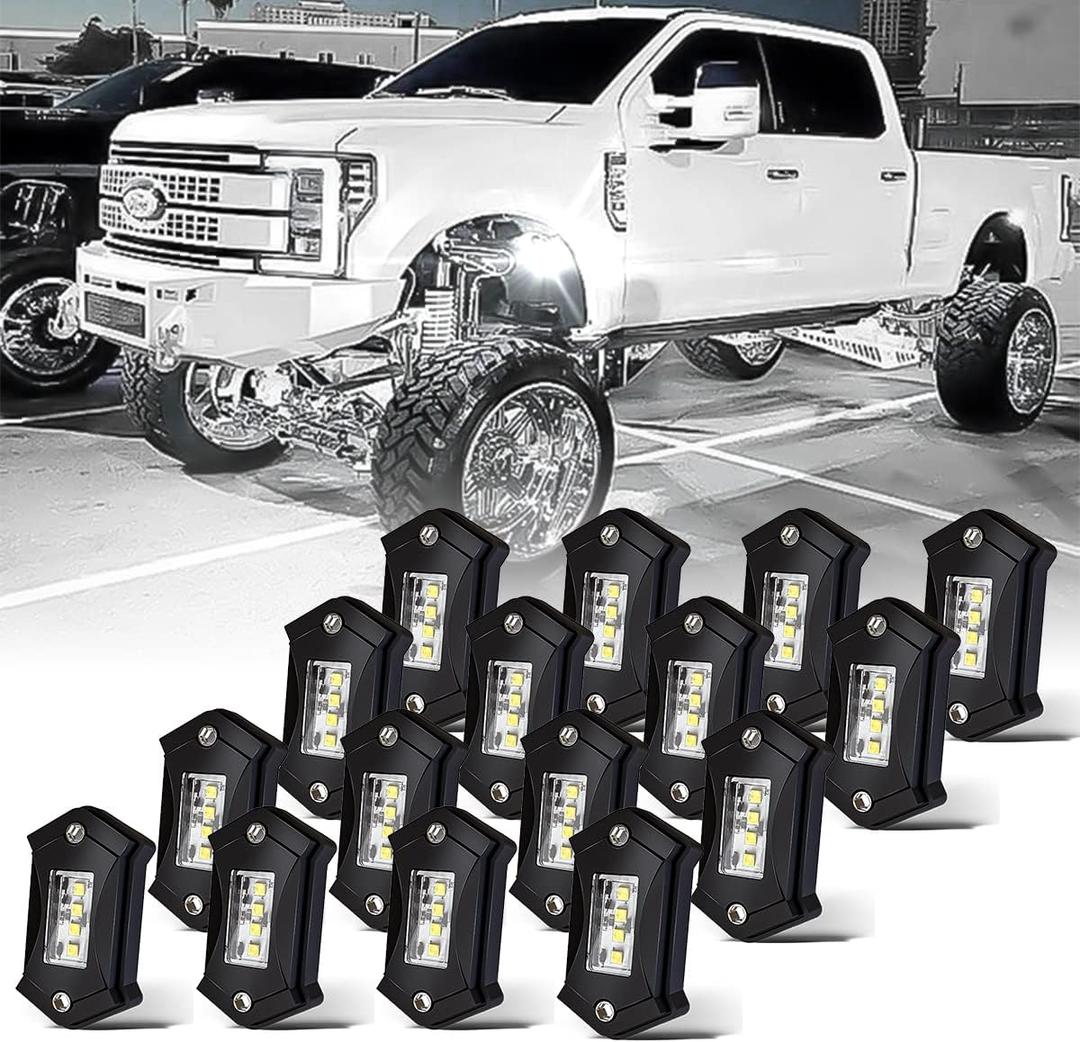 R3 LED White Rock Lights Super Bright 6000K Underglow Light for Truck SUV UTV ATV RZR Offroad Car Boat Rock Lights White High Power Underbody Glow Neon Trail Rig Lamps 16Pods