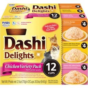INABA Dashi Delights for Cats, Shredded Chicken with Bonito Flake Broth, 2.5 Ounce Cup, 12 Cups Total, Chicken Variety