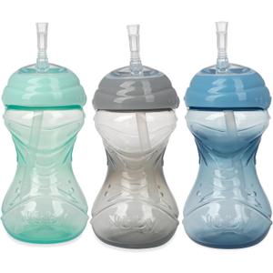 Nuby 3 Piece No-Spill Easy Grip Cup with Flex Straw, Clik It Lock Feature, Neutral, 10 Ounce (Blue, Gray & Aqua)
