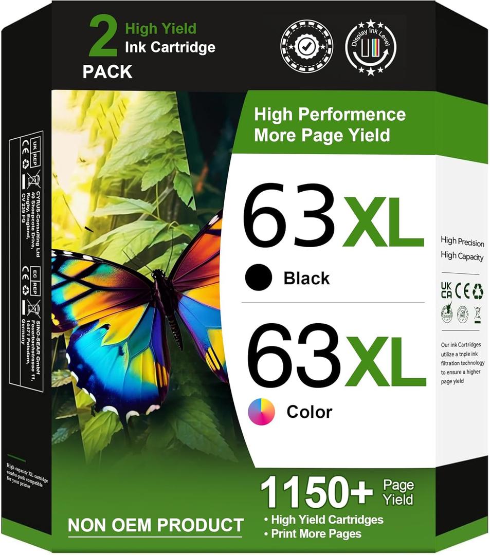 GREENBOX 63 Ink Cartridges Combo Pack Replacement for HP 63 63 Ink Cartridge Black and Color for Envy 4512 4520 Officejet 3830 4650 5255 Deskjet 1112 3634 3632 3639 Printer Ink 63, 2 Pack 63 Ink