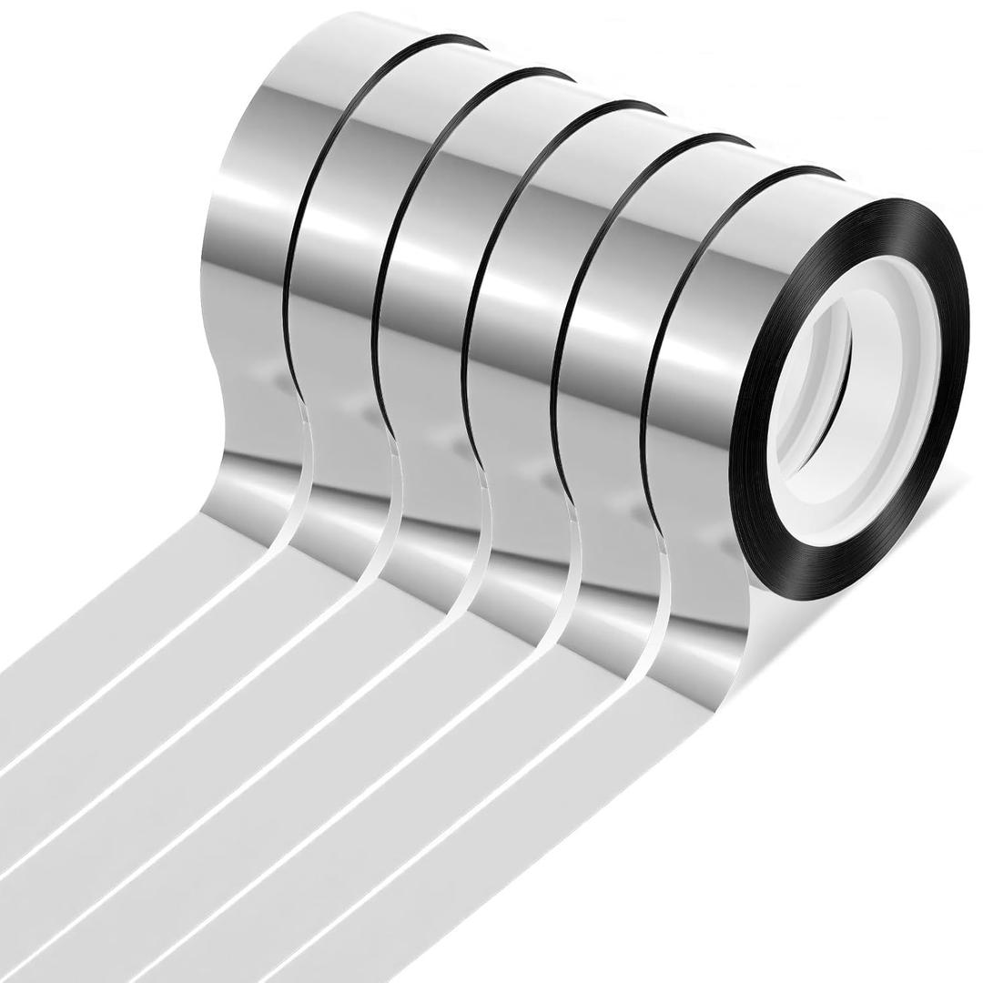 6 Rolls Mirror Tape Border, 1/2 Inch Silver Chrome Tapes, Self Adhesive Metalized Polyester Film Decorative Tapes, DIY Graphic Art Tape for Wall Decor TV Frame Crafts Gift Box Wrapping