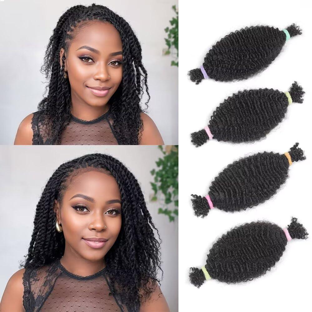 Spring Twist Hair Afro Kinkys Bulk Human Hair Bundles 12 Inch Pre-Separated Springy Afro Twist Hair Cuban Twist Crochet Hair Marley Twist Braiding Hair Dreadlock Extensions 4 Bundles 60g 1B