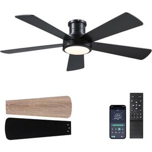 Hounberi 52 Inch Flush Mount Ceiling Fan with Lights and Remote, Modern Quiet DC Motor Low Profile Ceiling Fan for Low Ceilings, 5 Reversible Blades, 6 Speeds Dimmable, Indoor Outdoor Bedroom, Black