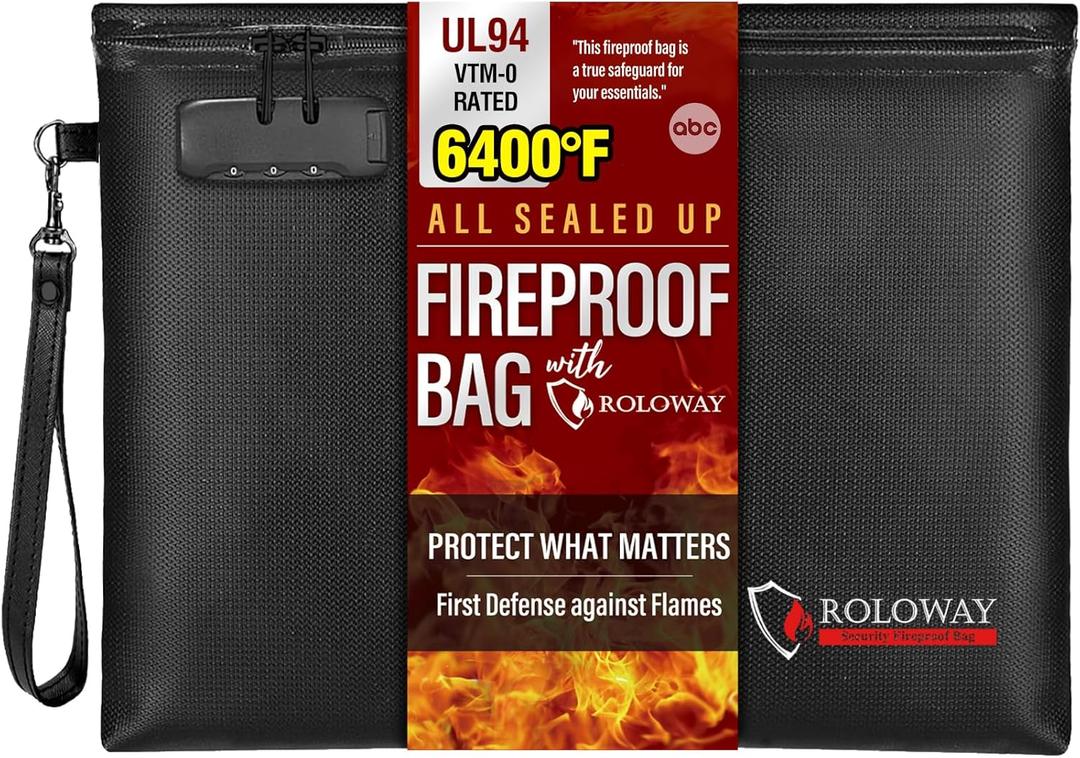 ROLOWAY Fireproof Document Bag (14.5 x 11.5 inch), 6400 Fireproof Money Bag with Zipper for Cash, Fire Safe Money Pouch with Lock (Black)