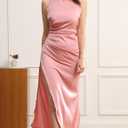 Velius Women's Satin Sleeveless Spaghetti Strap Elegant Backless Ruched Bodycon Slit Maxi Dress (Pink)