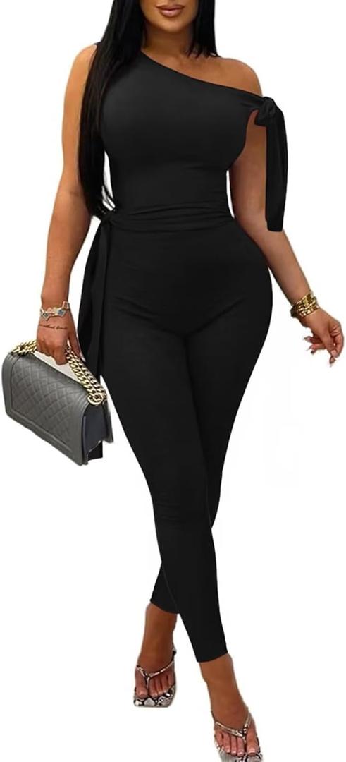 Women's Sexy One Off Shoulder Jumpsuits Sleeveless Bodycon Rompers One Piece Outfits (Large, A-black)