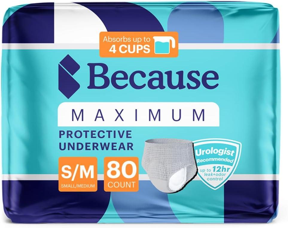 Because Maximum Incontinence Underwear for Men - Heavy Bladder Leak Protection, Ideal for Overnight Leakage, Sleek, Invisible Fit, Grey, Small/Medium -Absorbs 4 Cups - 80 Count (4 Packs of 20) Because Maximum Incontinence Underwear for Men - Heavy Bladder Leak Protection, Ideal for Overnight Leakage, Sleek, Invisible Fit, Grey, Small/Medium -Absorbs 4 Cups - 80 Count (4 Packs of 20)