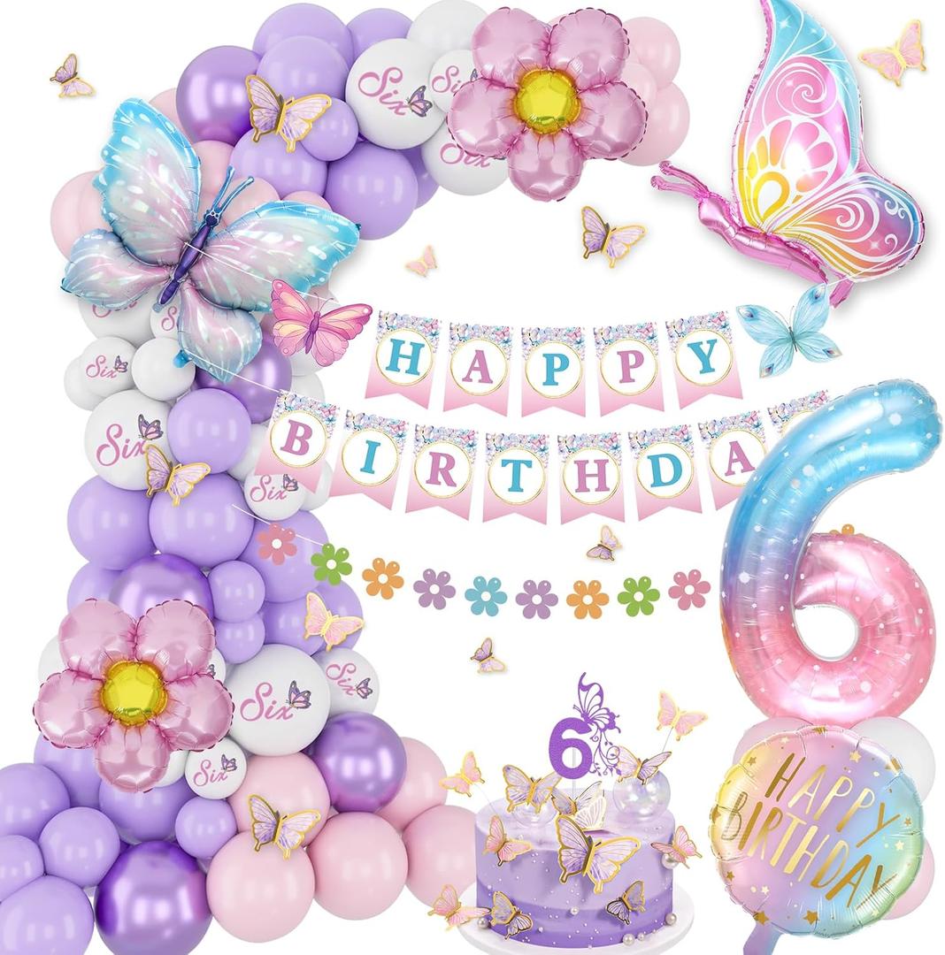 6th Birthday Decorations for Girls, 6 Year Old Girl Birthday Decorations Butterfly Bday Party Decoration with Number 6 Balloon Happy Bday Banner Pink and Purple Balloons