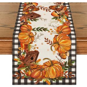 Artoid Mode Buffalo Plaid Pumpkins Mushrooms Birdhouse Leaves Table Runner, Seasonal Fall Harvest Vintage Kitchen Dining Table Decoration for Indoor Outdoor Home Party Decor 13 x 90 Inch. (Black)
